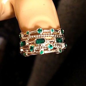 Green Crystal & Silver tone Stacked Ring